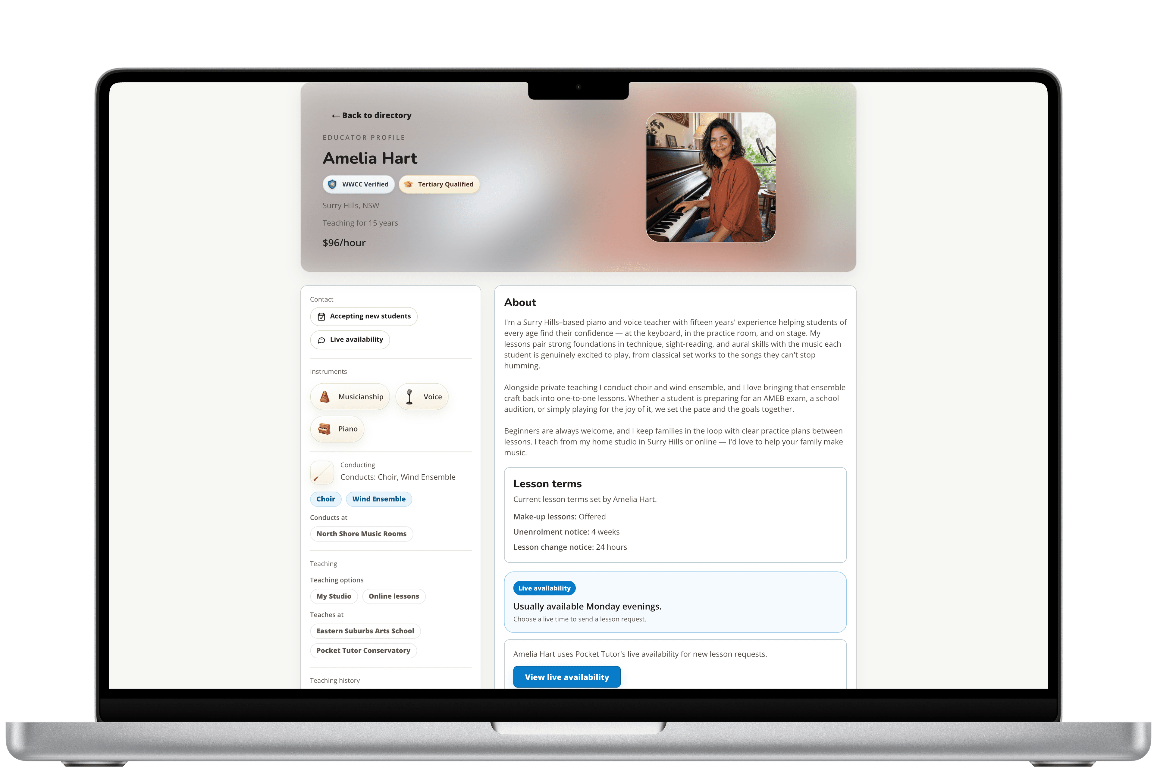 Public educator profile for Amelia Hart showing her WWCC Verified and Tertiary Qualified badges, instruments, the ensembles she conducts, lesson terms, and live availability.