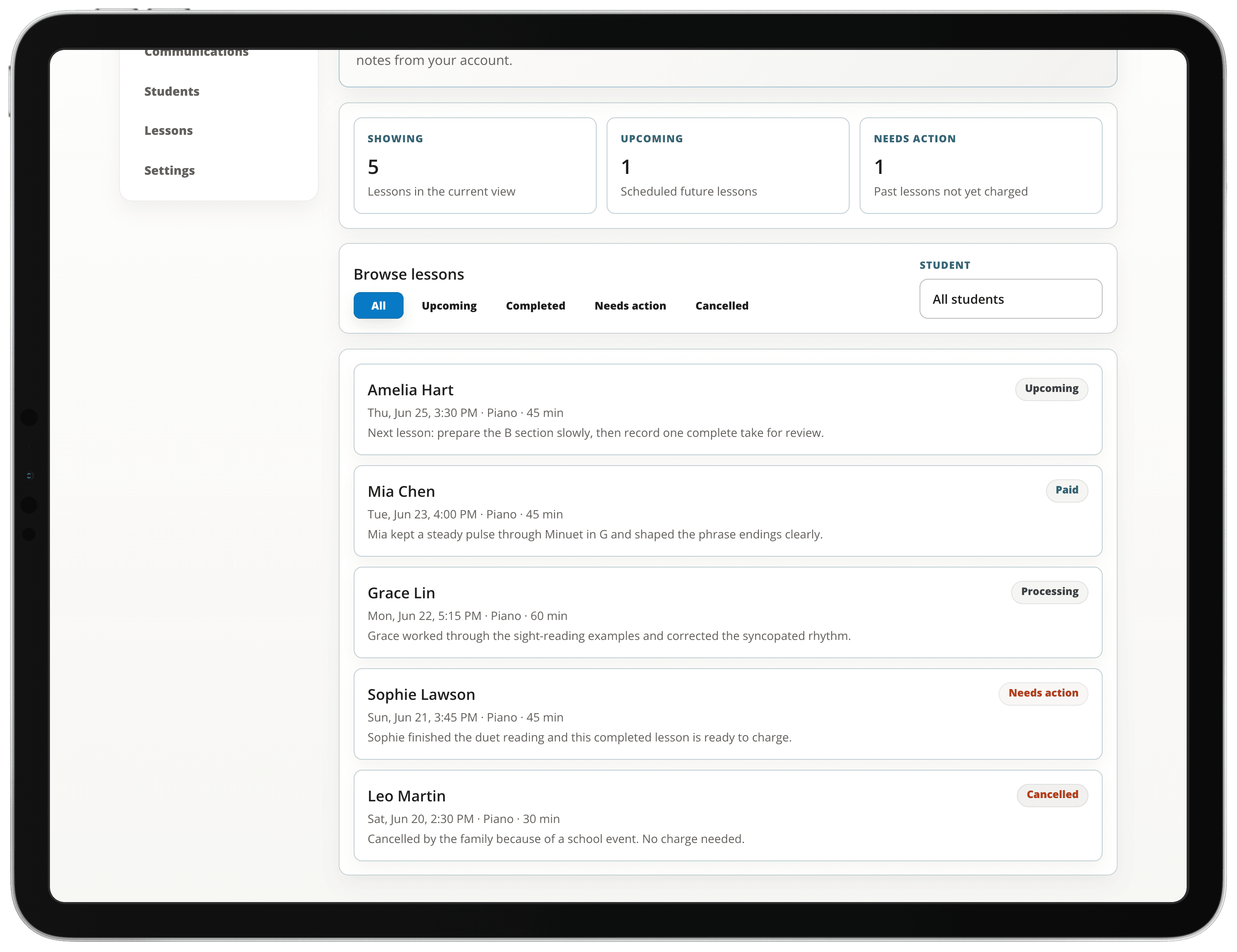 Lessons screen showing upcoming, paid, processing, needs action, and cancelled lessons.