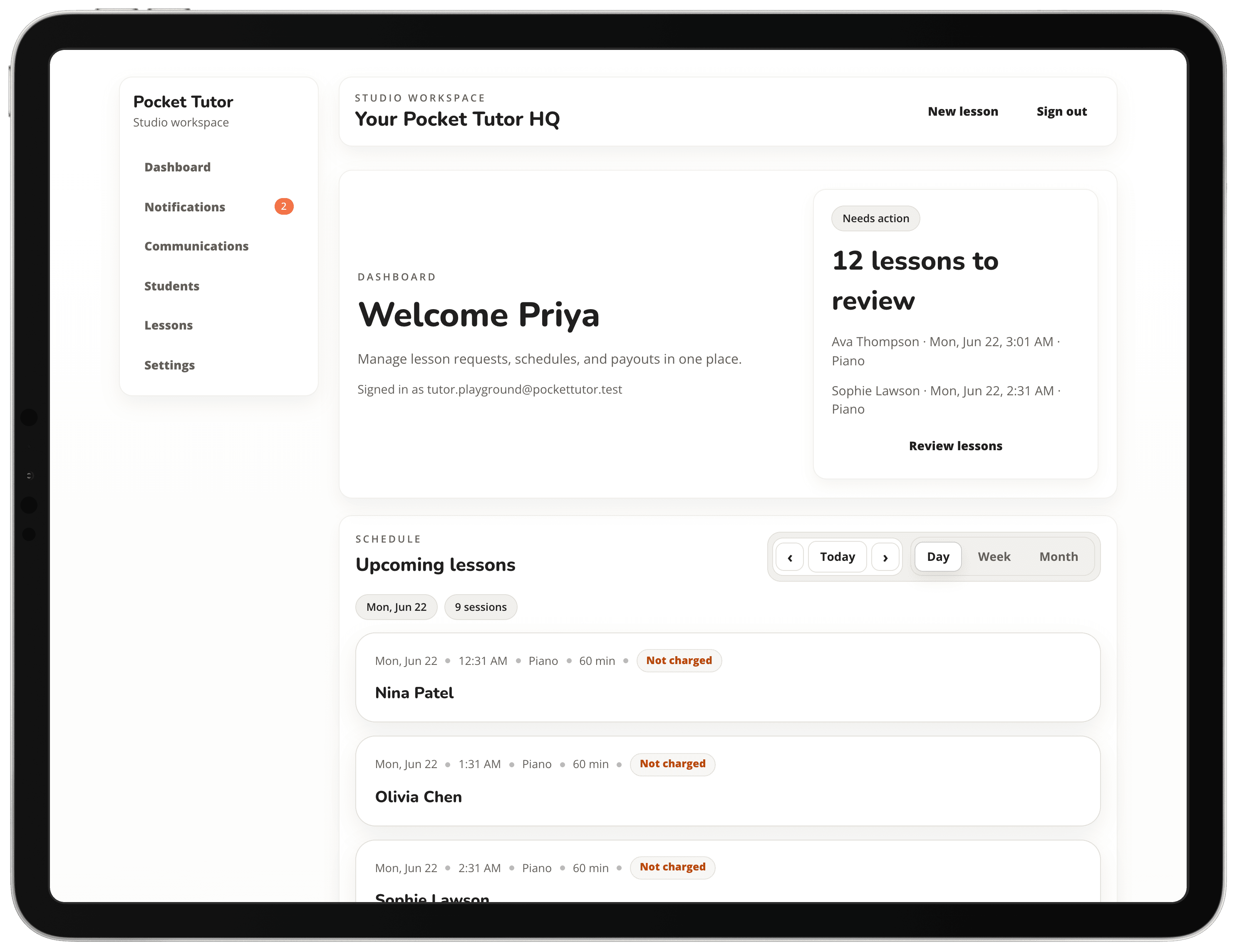 Educator dashboard shown on an iPad with upcoming lessons and studio workspace navigation.